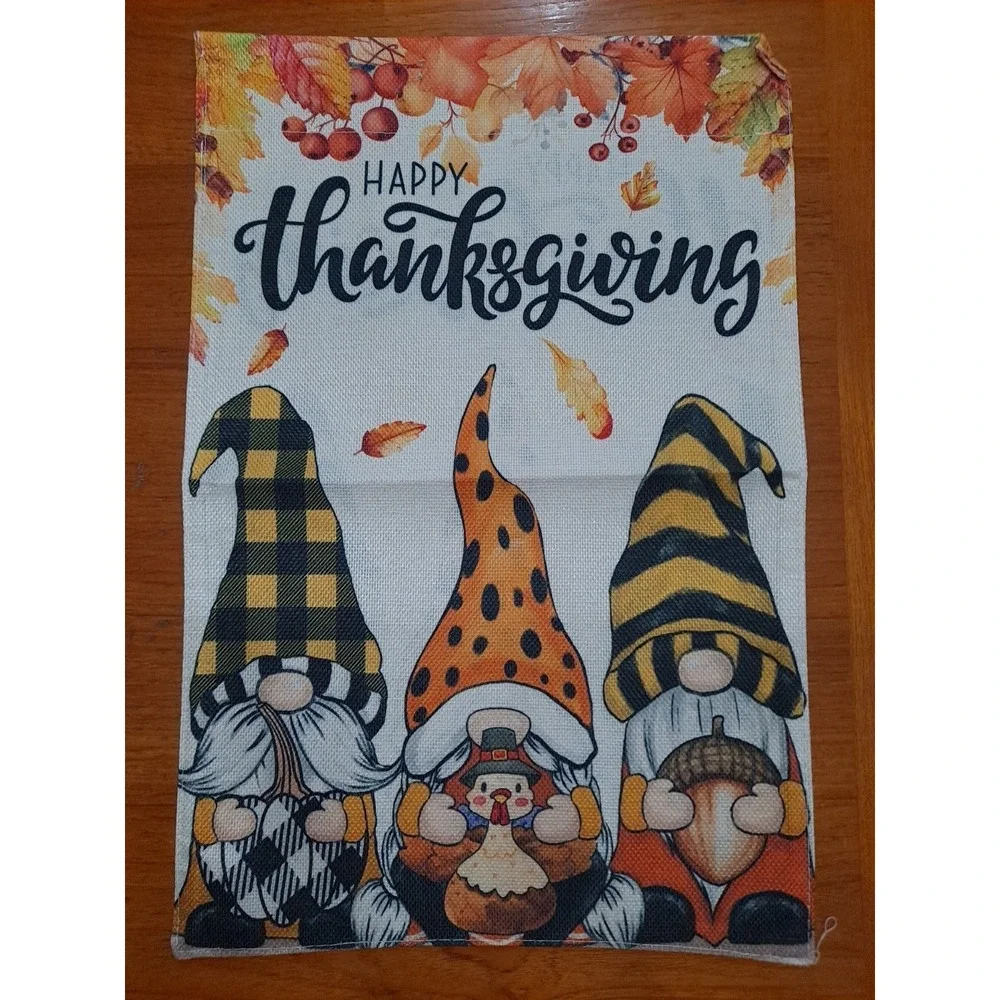NEW 1pc Double Sided Happy Thanksgiving Three Sitting Gnomes Garden‎ Flag 12x18